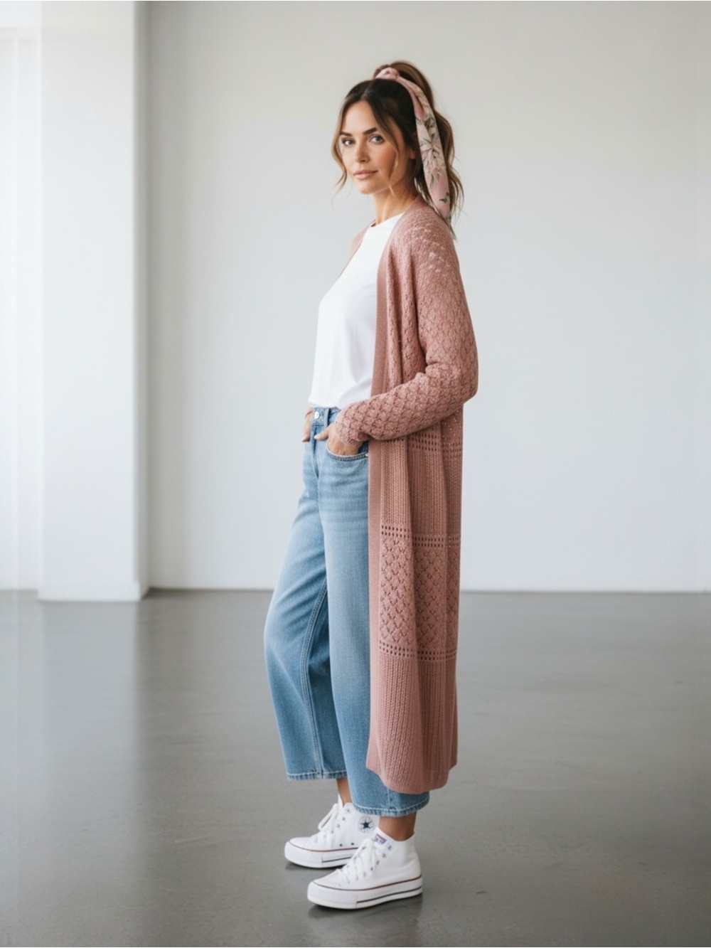 Long Hippie Rose Dusty Pink Knit Cardigan